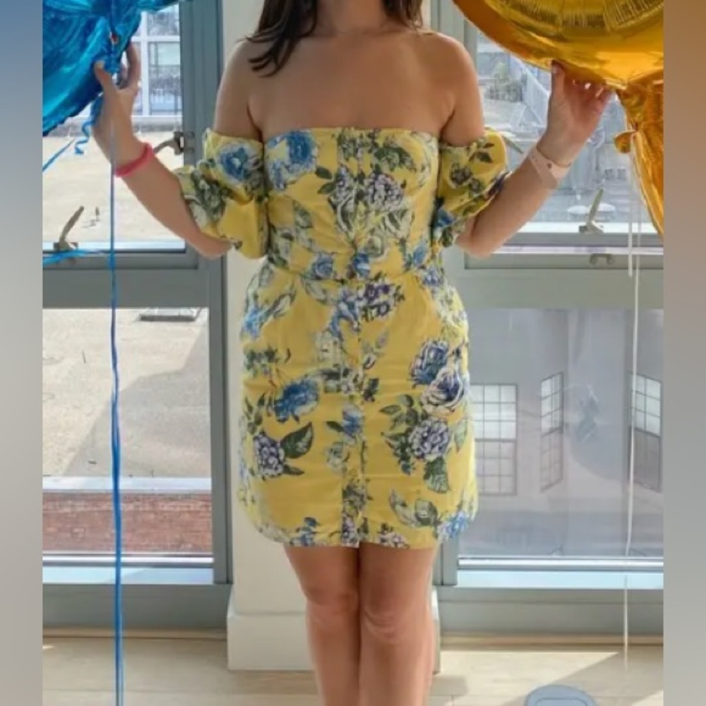 J.O.A. Yellow and Blue Floral Balloon Sleeve Off Shoulder Dress
